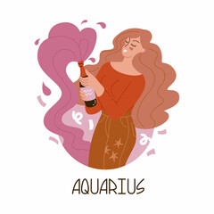 Girl in the image of the zodiac sign Aquarius. Beauty astrology. Individual horoscope with beautiful women. Analysis of the characteristics of the date of birth. Flat style in vector illustration.