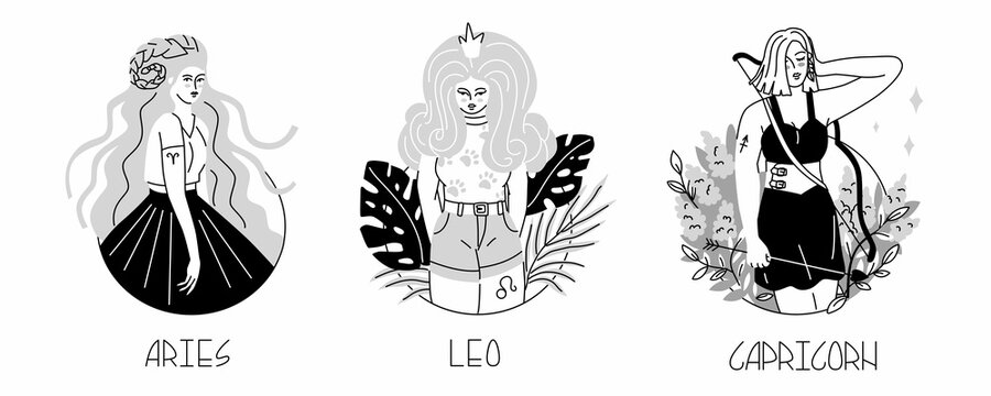 Girls in the form of zodiac signs. Aries, Leo, Capricorn. The element of fire. Astrology. Fashion women. Lovely, modern girls in daring images. Flat style in vector illustration.