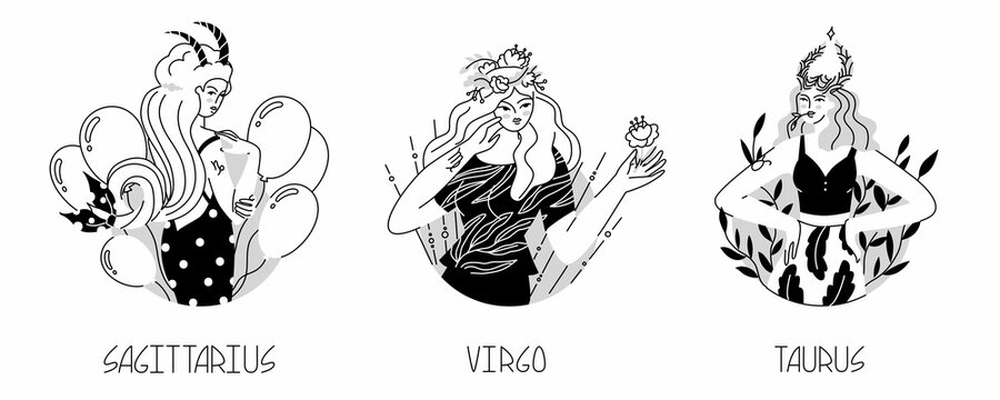 Girls in the form of zodiac signs. Sagittarius, virgo, taurus. The element of earth. Astrology. Fashion women. Lovely, modern girls in daring images. Flat style in vector illustration.