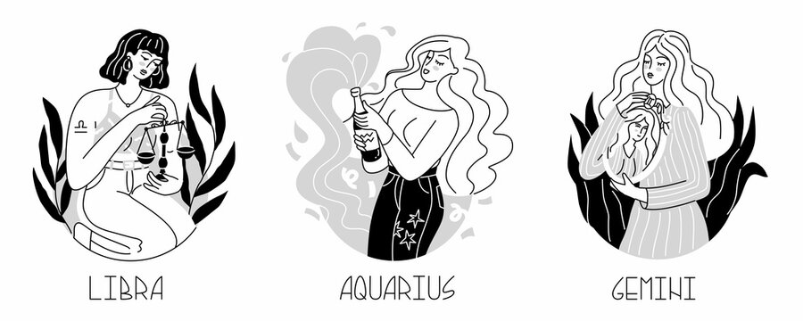 Collection of compositions with girls in the form of zodiac signs. The element of air. Astrology. Fashion women. Lovely, modern girls in daring images. Flat style in vector illustration.