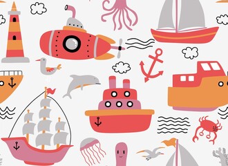 Seamless pattern with ships. 	
Seamless pattern in the concept of children's drawings.