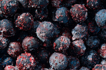 Frozen Blueberries Piled in a Heap Close Up Macro On a Winter Morning Texture Background Top View