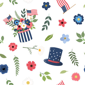 American Independence day Patriotic floral seamless pattern with top hat, flags, and flowers in American national colors. Isolated on white background. 4th of July themed design.