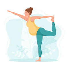 Vector template, pregnant woman doing yoga or gymnastics, dandayamana dhanurasana pose