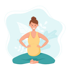 Pregnant woman doing exercises. Prenatal yoga and a healthy lifestyle, vector banner.