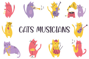 Funny set with adorable cats and musical instruments