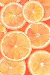 Watercolor illustration. Round slices of orange. View from above.