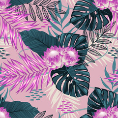 Seamless floral pattern pink strelitzia flowers on isolated pink pastel background. Vector illustration hand drawning. For fabric print design texture.