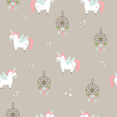 Seamless pattern with cute unicorns and dream catchers in pastel colors