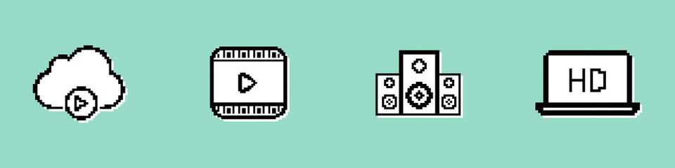 Watching video icon set. HD quality. Online webinar or training. Studying online. Pixel style. Vector line icon for Business and Advertising