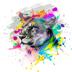Fototapeten lion head with creative colorful abstract elements on dark background color art © reznik_val