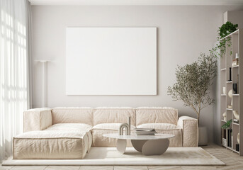 mock up poster frame in modern interior background, living room, Scandinavian style, 3D render, 3D illustration