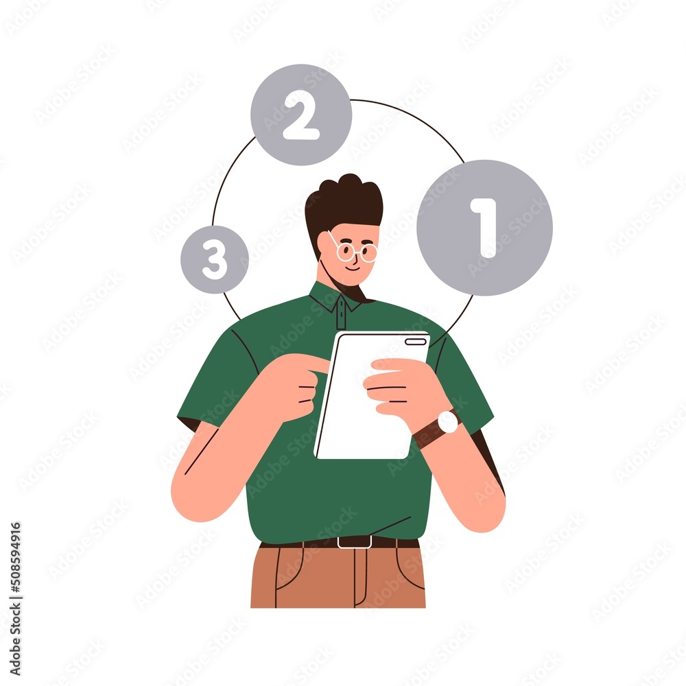 Poster person looking at sequence of tasks in plan. business man organizing to-do list, agenda. entrepreneu