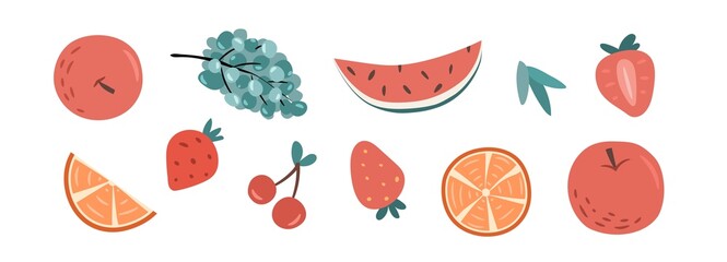 Summer fruit set. Retro hand drawn banner.