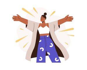 Fototapeta premium Happy friendly emotional woman hugging, welcoming. Open-minded excited positive female extrovert. Extraversion, openness, hospitality concept. Flat vector illustration isolated on white background