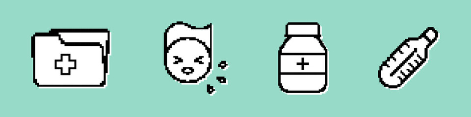 Sickness icon set. Medicines, temperature, cough, glu. Health care concept. Pixel style. Vector line icon for Business and Advertising