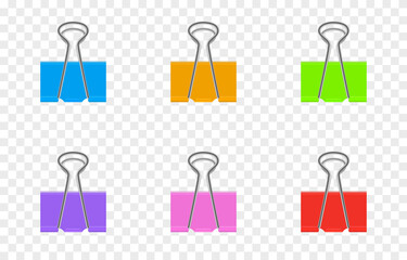 Set of vector paper clips png. Paper clips in different colors. Steel office supplies on an isolated transparent background. PNG. - obrazy, fototapety, plakaty