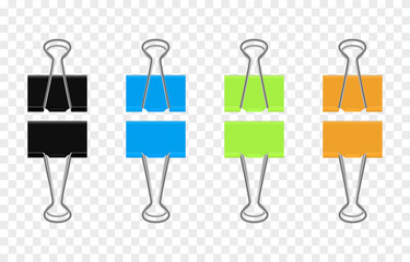 Set of vector paper clips png. Paper clips in different colors. Steel office supplies on an isolated transparent background. PNG.