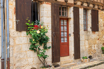 Fototapeta na wymiar View at house and blooming rose downtown Bergerac Dordogne region in Southwest of France
