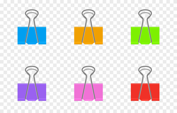 Set of vector paper clips png. Paper clips in different colors. Steel office supplies on an isolated transparent background. PNG.