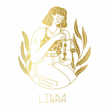 Girl in the image of the zodiac sign Libra. Beauty astrology. Individual horoscope with beautiful women. Analysis of the characteristics of the date of birth. Flat style in vector illustration.
