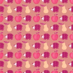 Autumn seamless hedgehog and pears and apples pattern for fabrics and packaging and gifts and kids