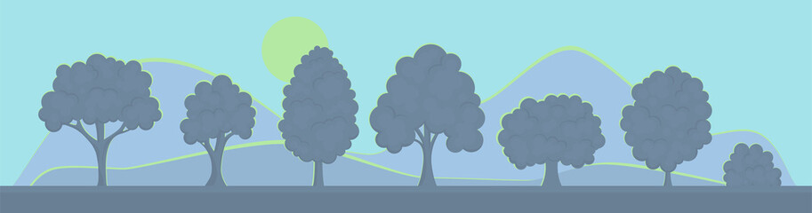 Trees silhouettes row illustration. Collection of simple, flat plants. Moonlight background vector landscape. Vector contour.