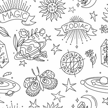 Astrological seamless pattern. Astro Decor for natal chart and horoscopes. Zodiac signs. Esoteric design for paper and textile. Line art in vector illustration.