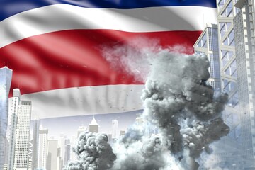 large smoke pillar in the modern city - concept of industrial catastrophe or terroristic act on Costa Rica flag background, industrial 3D illustration