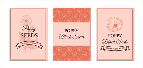 Set of hand drawn vintage poppy seeds packaging designs. Vector illustration in sketch style