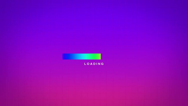 2d colorful loading bar sign looping animation, digital display motion, neon pink and purple background.