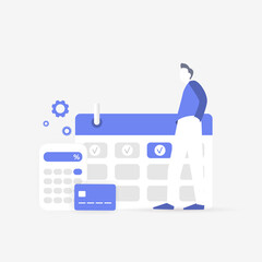 Subscription monthly automatic payment concept illustration. Calendar icon with a recurring monthly payment date, calculator and credit bank card. Paid member subscription business model for services