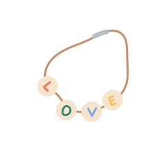 Handmade bracelet on string with Love text on beach stones. Kids DIY jewelry bangle. Craft hand made wristband. Summer jewellery. Flat vector illustration isolated on white background
