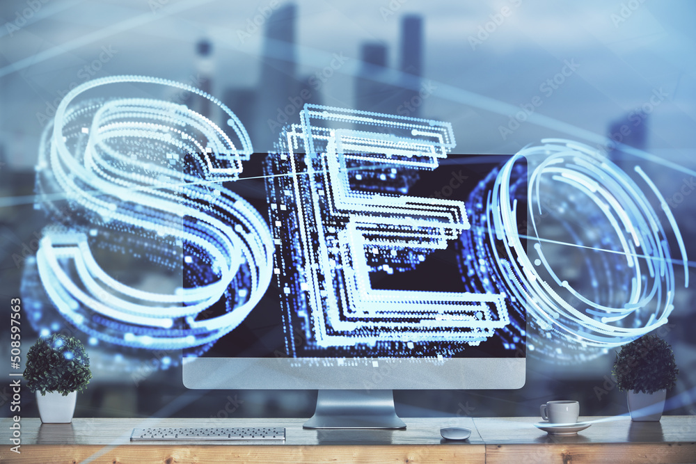 Aufkleber Multi exposure of table with computer and seo drawing hologram. Search optimization concept.