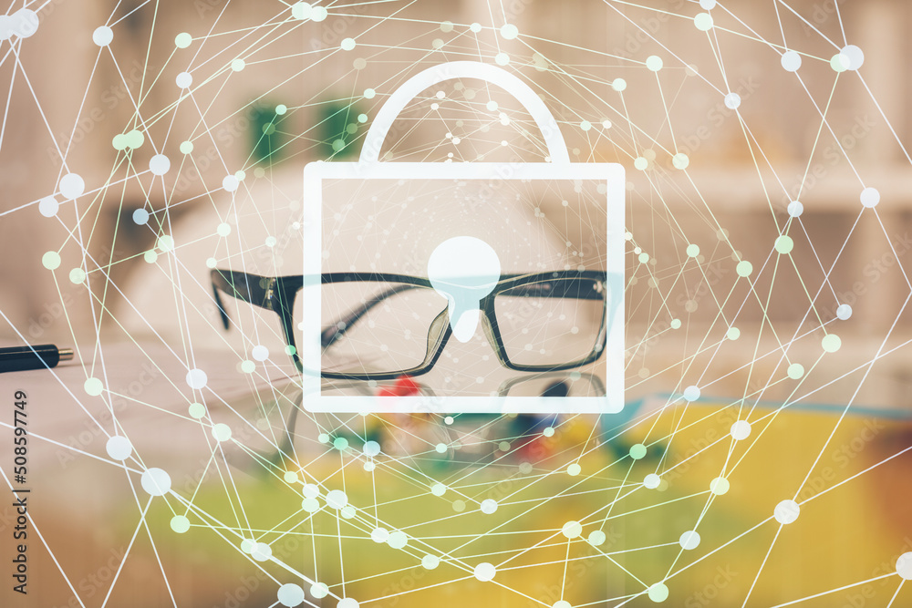 Poster lock drawings with glasses on the table background. concept of security. double exposure.