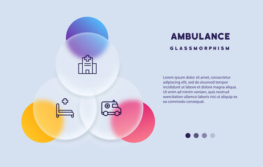 Medicine icon set. Ambulance, hospital and bed icon. Glassmorphism style. Vector line icon for Business and Advertising