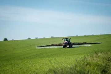 Poster Tractor sproeit insecticide op het veld. Landbouwactiviteit in de lente. Gecultiveerd land op het platteland © encierro