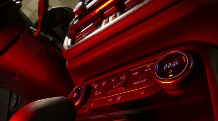 Mode Buttons Of Climate Control System In Car Interior With Red Backlight 