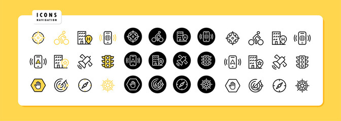 Navigation icon set. Geolocation sign. Bicycle icon. Vector line icon for Business and Advertising