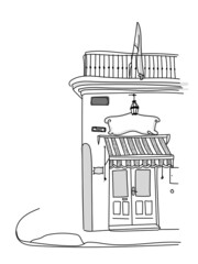 Famous Buenos Aires city street corner in the old town. Argentina, San Telmo neighborhood. Sketch black lines hand drawn style vector illustration.