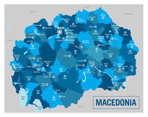 Macedonia, North Macedonia country political map. Detailed vector illustration with isolated provinces, departments, regions, counties, cities, and states easy to ungroup. - obrazy, fototapety, plakaty