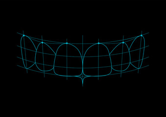 Perfect teeth technical alignment scheme showing the armony with transverse lines. Vector illustration on a black background.
