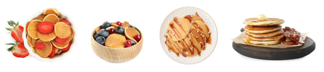 Set with tasty pancakes on white background. Banner design