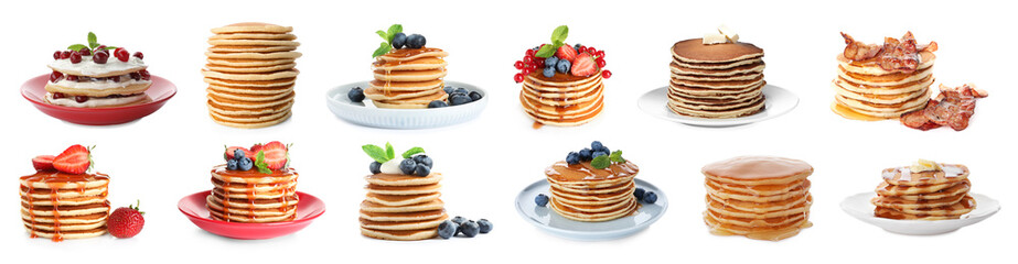 Set with tasty pancakes on white background. Banner design