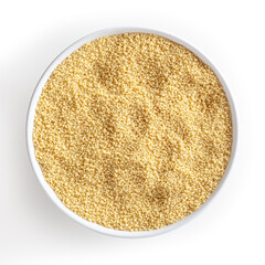 Uncooked couscous in white bowl isolated on white background with clipping path