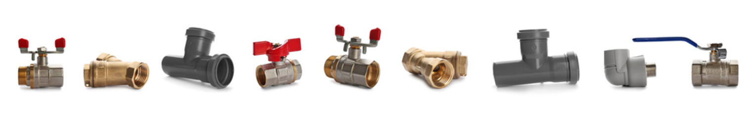 Set of different fittings and valves on white background, banner design. Plumbing supplies
