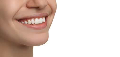 Closeup view of young woman with healthy teeth on white background, space for text. Banner design