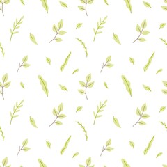Seamless pattern with branches and leaves. Flat stile pattern for textile, wallpaper, wrapping, packaging paper. 