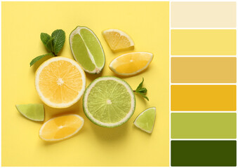 Color palette and fresh ripe lemons, limes and mint leaves on yellow background, flat lay. Collage