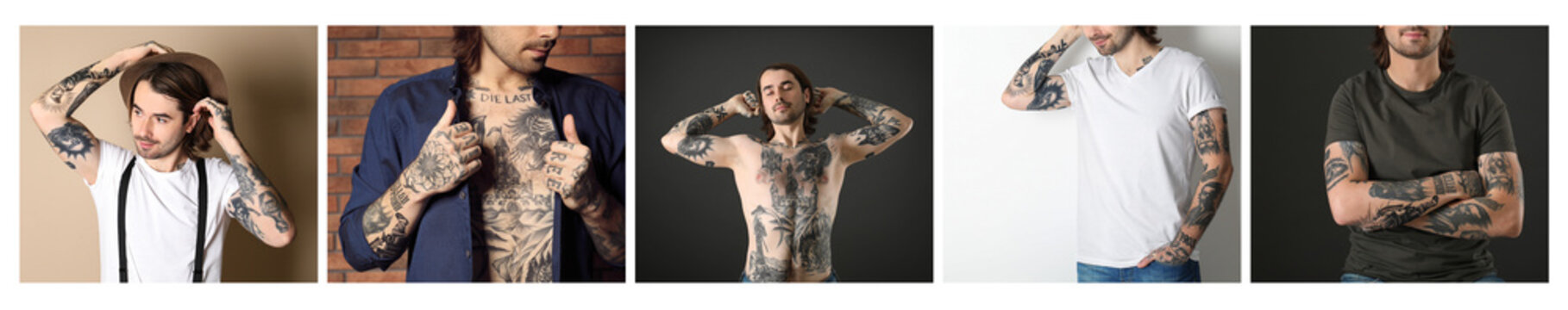 Collage with photos of handsome man with tattoos on body. Banner design